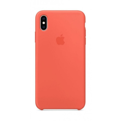 Silikonowe etui Apple w kolorze nektarynkowym do iPhone Xs Max z wycięciem na pionowy podwójny aparat oraz wytłoczonym logo Apple na środku plecków.