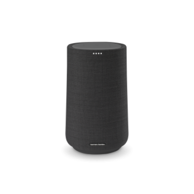 Czarny głośnik Harman Kardon Citation 100 o cylindrycznym kształcie z widocznym panelem dotykowym na górze oraz czterema diodami stanu na froncie obudowy.