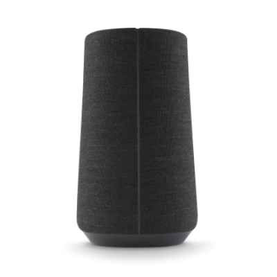 Czarny głośnik Harman Kardon Citation 100 o stożkowym kształcie, wykończony elegancką tkaniną z widocznym pionowym szwem na froncie, ujęcie na wprost.