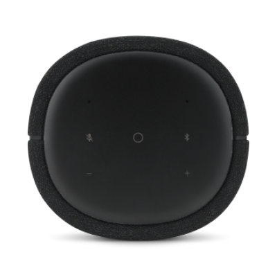 Głośnik Harman Kardon Citation 100 w kolorze czarnym, widok z góry na okrągły panel sterowania z ikonami mikrofonu, Bluetooth oraz regulacji głośności.