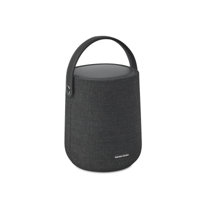 Przenośny głośnik Harman Kardon Citation 200 w kolorze czarnym z wygodnym uchwytem do przenoszenia, widoczny od frontu z wyraźnym logo producenta na dole.