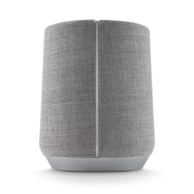 Głośnik Harman Kardon Citation 300 w kolorze szarym o cylindrycznym kształcie z charakterystycznym pionowym panelem na przedniej części obudowy.