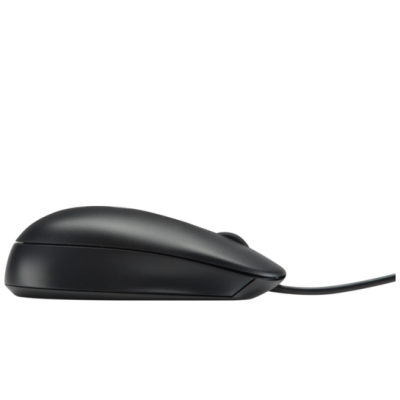 Czarna mysz laserowa HP USB o rozdzielczości 1000 dpi, ukazana z profilu, prezentująca ergonomiczny kształt obudowy oraz przewód wychodzący z przodu urządzenia.