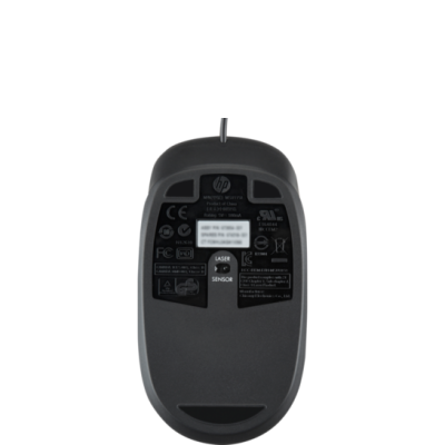 Spód myszy laserowej HP USB 1000 dpi w kolorze czarnym, widoczny sensor optyczny, ślizgacze oraz etykieta znamionowa z logotypem producenta i oznaczeniami.