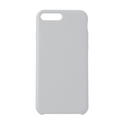 Szare etui silikonowe KMP do iPhone 8 Plus oraz 7 Plus z charakterystycznym, podłużnym wycięciem na wyspę aparatów, ukazane w widoku na tylną część obudowy.