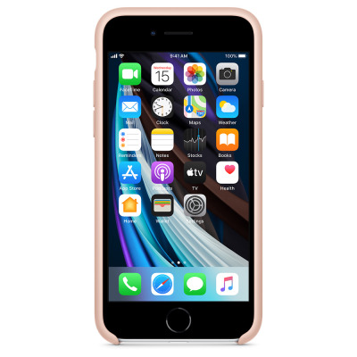 Piaskowe etui silikonowe Apple do iPhone 7, 8 lub SE 2020, prezentujące włączony smartfon z widocznym ekranem głównym systemu iOS na białym tle.