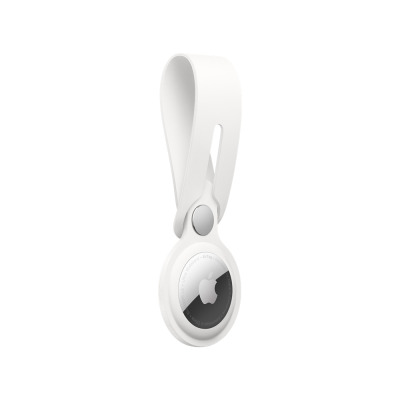 Biały pasek Apple do lokalizatora AirTag z metalowym zapięciem, ukazujący urządzenie z widocznym logo producenta oraz napisem Assembled in China na obudowie.