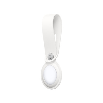 Biały pasek Apple do lokalizatora AirTag z metalowym zapięciem typu nap, ukazany w pionowej orientacji na jednolitym tle, prezentujący minimalistyczny design.