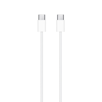 Biały przewód Apple USB-C do ładowania o długości 1 metra, zwinięty w okrąg, z widocznymi wtyczkami USB-C na obu końcach kabla na jednolitym tle.
