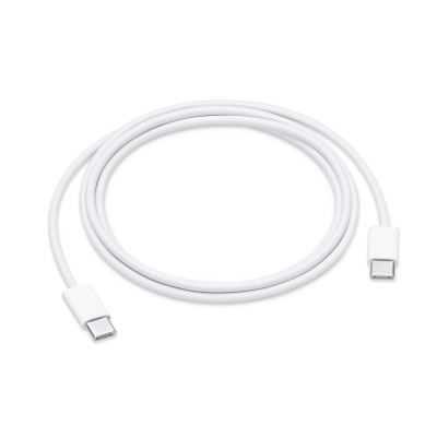 Biały przewód Apple USB-C do ładowania o długości 1 metra, zwinięty w okrąg, z widocznymi wtyczkami USB-C na obu końcach kabla na jednolitym tle.
