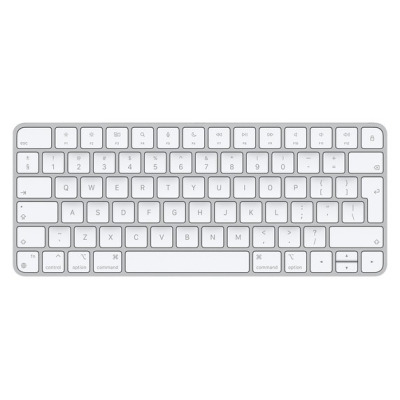 Biała klawiatura Apple Magic Keyboard z układem klawiszy funkcyjnych, widok z góry na minimalistyczny design z charakterystycznym układem przycisków.