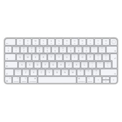 Biała klawiatura Apple Magic Keyboard z Touch ID dla komputerów Mac, widoczna z góry w układzie QWERTY z dedykowanym przyciskiem czytnika linii papilarnych.