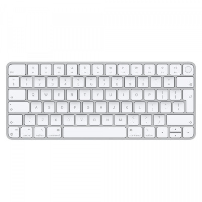 Biała klawiatura Apple Magic Keyboard z Touch ID dla komputerów Mac z układem Apple, widok z góry na układ klawiszy QWERTY oraz przycisk czytnika linii.