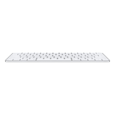 Bezprzewodowa klawiatura Apple Magic Keyboard z Touch ID dla komputerów Mac z układem Apple, widok z profilu na białe klawisze i srebrną obudowę.