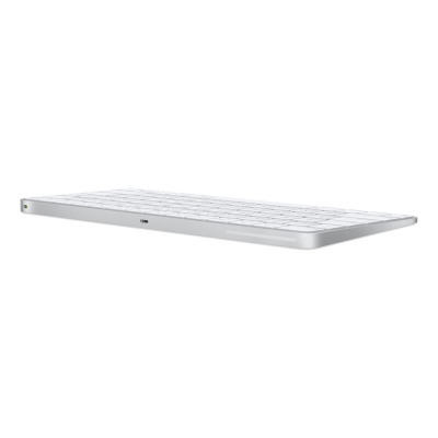 Klawiatura Magic Keyboard z Touch ID marki Apple do komputerów Mac, widoczna z profilu pod kątem, z wyeksponowanym portem ładowania na przedniej krawędzi.