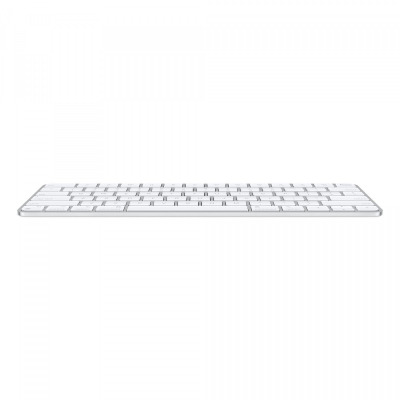 Biała klawiatura Apple Magic Keyboard z Touch ID dla komputerów Mac z układem Apple, widok z góry na układ klawiszy QWERTY oraz przycisk czytnika linii.