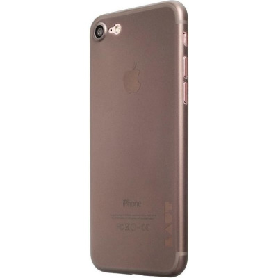 Ciemne etui ochronne marki LAUT na telefonie iPhone 7 Plus lub 8 Plus w kolorze różowego złota, ukazujące tylny panel z wycięciem na aparat oraz logo marki.