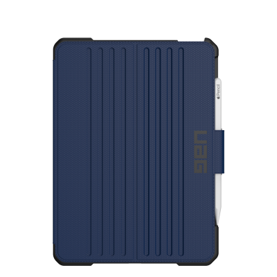 Niebieskie etui UAG Metropolis do iPad Pro 11 ustawione w pozycji podstawki, z widocznym logotypem UAG na tylnej klapce oraz tabletem wewnątrz obudowy.