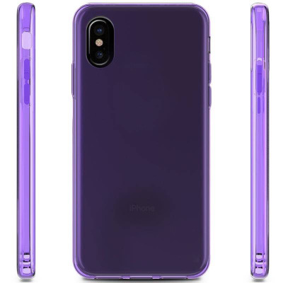 Fioletowe etui Zizo TPU do iPhone X oraz Xs, ukazane w rzucie izometrycznym z widocznymi wycięciami na aparat, przyciski boczne oraz port ładowania.