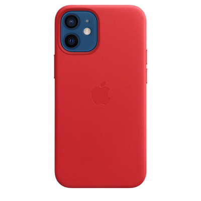 Czerwone skórzane etui Apple Leather Case z MagSafe do iPhone 12 mini, widok na tył urządzenia z charakterystyczną kwadratową wyspą aparatów i logo Apple.