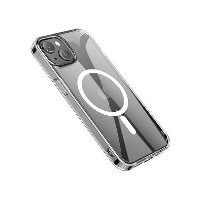 Przeźroczyste etui eSTUFF Magnetic do iPhone 13 mini z widocznym okręgiem ładowania MagSafe na pleckach oraz wycięciem na wyspę aparatów, ujęcie pod kątem.