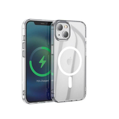 Przeźroczyste etui eSTUFF Magnetic do iPhone 13 mini z widocznym okręgiem ładowania MagSafe na pleckach oraz wycięciem na wyspę aparatów, ujęcie pod kątem.