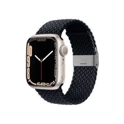 Grafitowy pasek pleciony Crong Wave Band do Apple Watch 38/40/41 mm z metalowym zapięciem, widoczny na kopercie zegarka z czarną tarczą i cyframi.