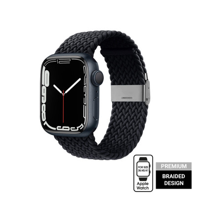 Grafitowy pasek pleciony Crong Wave Band do Apple Watch 38/40/41 mm z metalowym zapięciem, widoczny na kopercie zegarka z czarną tarczą i cyframi.