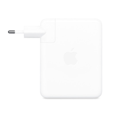 Biały zasilacz USB-C o mocy 140W marki Apple z wtyczką europejską, widoczny z profilu z wytłoczonym logo producenta na obudowie oraz gniazdem zasilania.