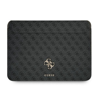 Czarne etui Guess 4G Big Metal Logo do MacBook Air i Pro 13 cali z charakterystycznym wzorem monogramu oraz złotym logo marki na środku przedniej części.