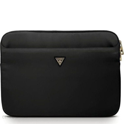 Czarna torba Guess Sleeve do MacBook 13 cali o minimalistycznym designie z widocznym złotym trójkątnym logo marki na środku oraz zapięciem na zamek