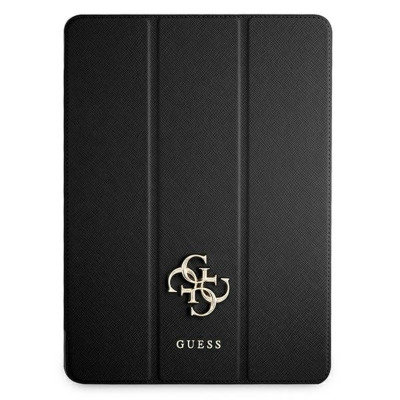 Czarne etui Guess Saffiano 4G do iPad Pro 11 o fakturze skóry, z centralnie umieszczonym złotym logo marki i napisem Guess na przedniej klapie z pionowymi