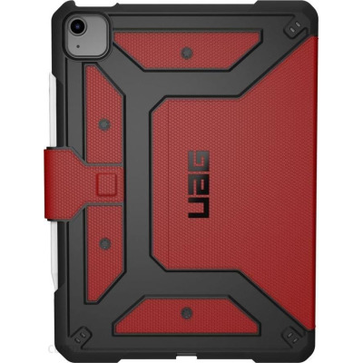 Czerwone etui UAG Metropolis do iPad Pro 11 oraz Air 10,9 z czarnymi wzmocnionymi narożnikami, widocznym logo UAG oraz wycięciem na aparat w lewym górnym rogu.