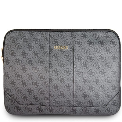 Szara torba Guess 4G Uptown do MacBooka 13 cali z charakterystycznym wzorem logotypów, złotym napisem Guess na froncie i zapięciem na zamek błyskawiczny.
