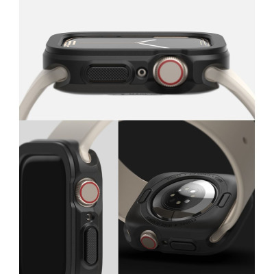 Czarne etui Ringke Air Sports zawieszone nad zegarkiem Apple Watch 41mm w kolorze jasnego złota, ukazujące precyzyjne wycięcia na przyciski i koronkę.