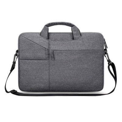 Ciemnoszara torba Tech-Protect Pocketbag do MacBook Pro i Air 13 z uchwytami, dwiema przednimi kieszeniami na zamek oraz odpinanym paskiem na ramię.