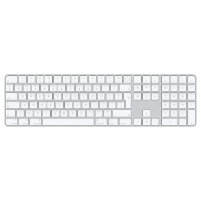 Bezprzewodowa klawiatura Apple Magic Keyboard z Touch ID w kolorze biało-srebrnym, widok z góry na pełnowymiarowy układ klawiszy z blokiem numerycznym.
