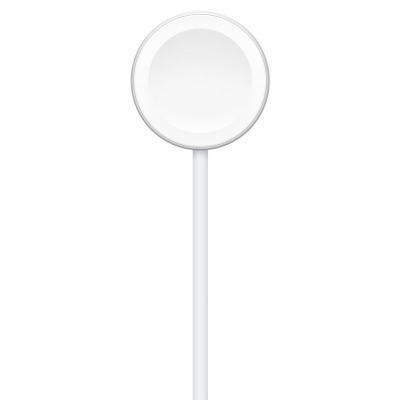 Biały przewód do szybkiego ładowania Apple Watch o długości 1 metra, zakończony magnetyczną ładowarką indukcyjną oraz złączem USB-C na drugim końcu.