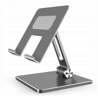 Szara podstawka Tech-Protect Z11 do iPada z regulowanym ramieniem, antypoślizgowymi nakładkami oraz stabilną metalową bazą, ujęcie w perspektywie bocznej.
