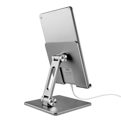 Szara podstawka Tech-Protect Z11 do iPada z regulowanym aluminiowym ramieniem i stabilną bazą, widoczny tył tabletu Apple z podłączonym białym kablem.