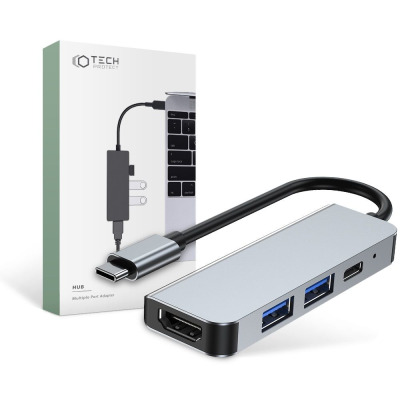Srebrny hub Tech-Protect V2 4w1 z portami USB-A i HDMI oraz opakowanie z grafiką przedstawiającą podłączenie adaptera do laptopa Apple MacBook.