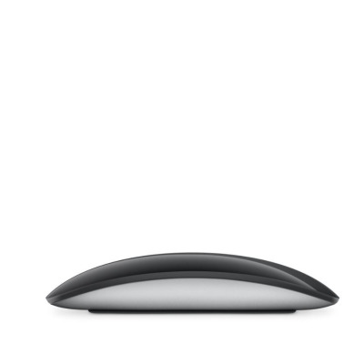 Bezprzewodowa mysz Apple Magic Mouse z czarną powierzchnią Multi-Touch, ujęta z profilu, ukazująca smukły, zaokrąglony kształt oraz srebrną podstawę urządzenia.