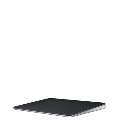 Apple Magic Trackpad w kolorze czarnym z powierzchnią Multi-Touch, widoczny pod kątem z profilu, ukazujący smukłą konstrukcję i aluminiową podstawę.