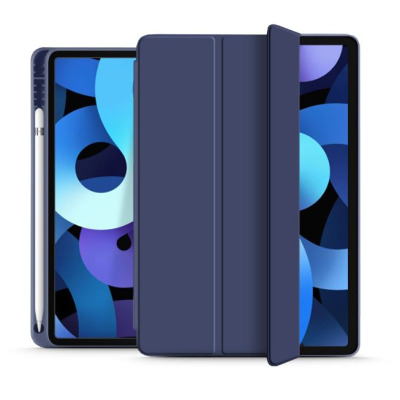 Granatowe etui Tech-Protect SmartCase do iPad Air 10,9 2020 z miejscem na rysik, prezentowane w dwóch ujęciach: zamknięte oraz otwarte z widocznym ekranem.