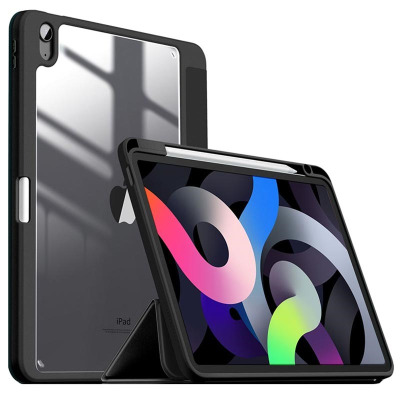 Czarne etui Infiland Crystal Case do iPad Air 10,9 cala z przezroczystymi pleckami, widoczne w dwóch ujęciach z miejscem na rysik Apple Pencil.