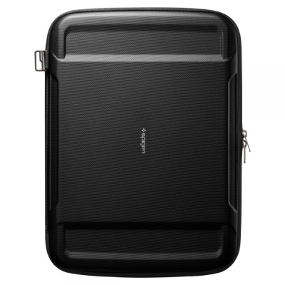 Czarne etui Spigen Rugged Armor Pouch PRO do MacBook Pro 14 z widocznym logo marki, zamknięte na zamek błyskawiczny o wzmocnionej, teksturowanej strukturze.