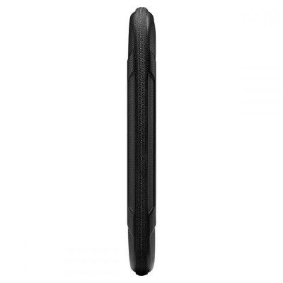 Profil czarnego etui Spigen Rugged Armor Pouch PRO do MacBook Pro 14, prezentujący smukłą konstrukcję z widocznym zapięciem na zamek błyskawiczny.