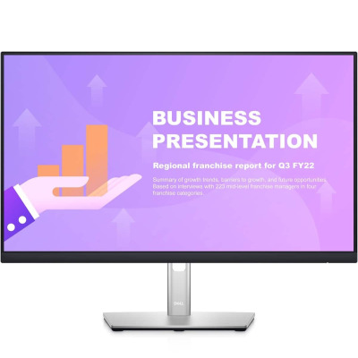 Monitor Dell 24 P2422HE na srebrnej podstawce, wyświetlający prezentację biznesową z wykresem wzrostu i napisem Business Presentation, widok od frontu.