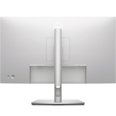 Widok z tyłu srebrnego monitora Dell 27 4K UHD IPS z logo producenta na obudowie, widocznym pionowym stojakiem oraz panelem z portami w dolnej części.
