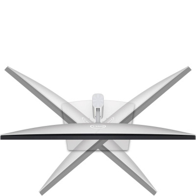Monitor Dell 27 4K UHD IPS z logo Dell na obudowie, ukazany z góry w celu zaprezentowania zakresu obrotu podstawy oraz regulacji kąta nachylenia ekranu.